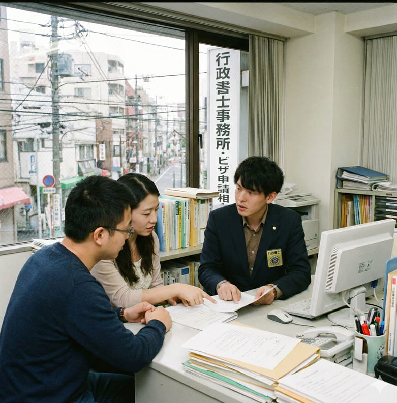 池袋の事務所でビザ申請書類を確認する行政書士とお客様