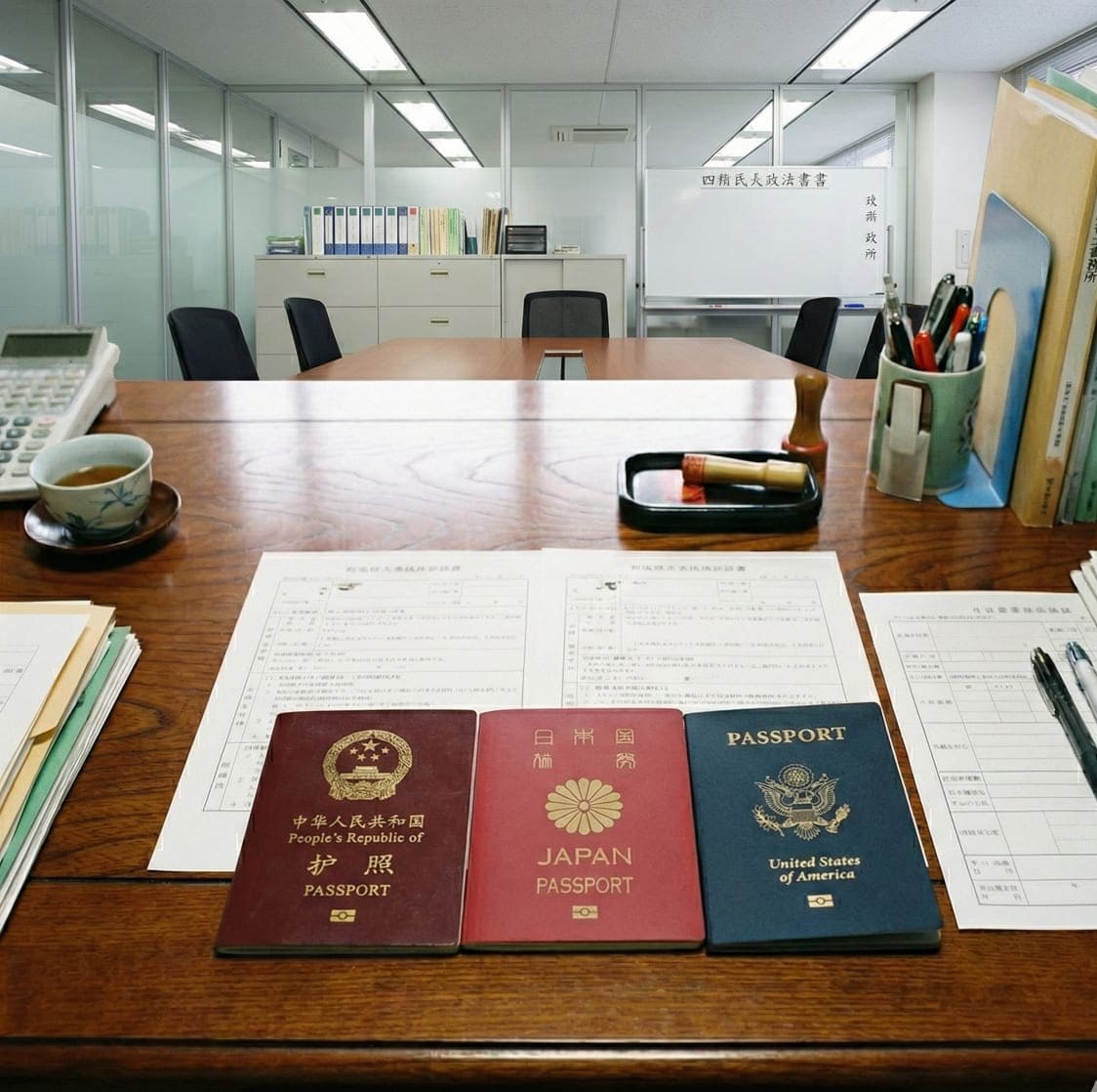 中国・日本・アメリカのパスポートと、行政書士事務所の申請書類